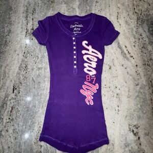 Y2K Aeropostale XS Ribbed Fitted Henley Shirt Logo Purple Aero Buttons